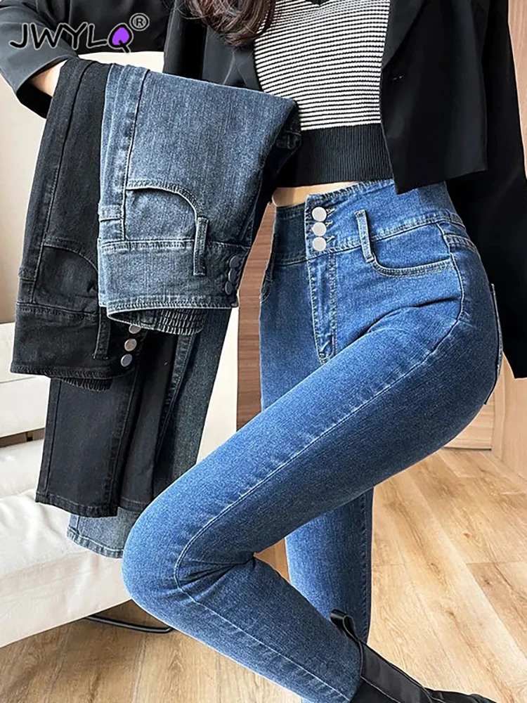 Korean Three Buttons Ankle-length Pencil Denim new Pants Female 2025 Classic High Waist Skinny Stretch Womens Jeans Elegant Denim Pants