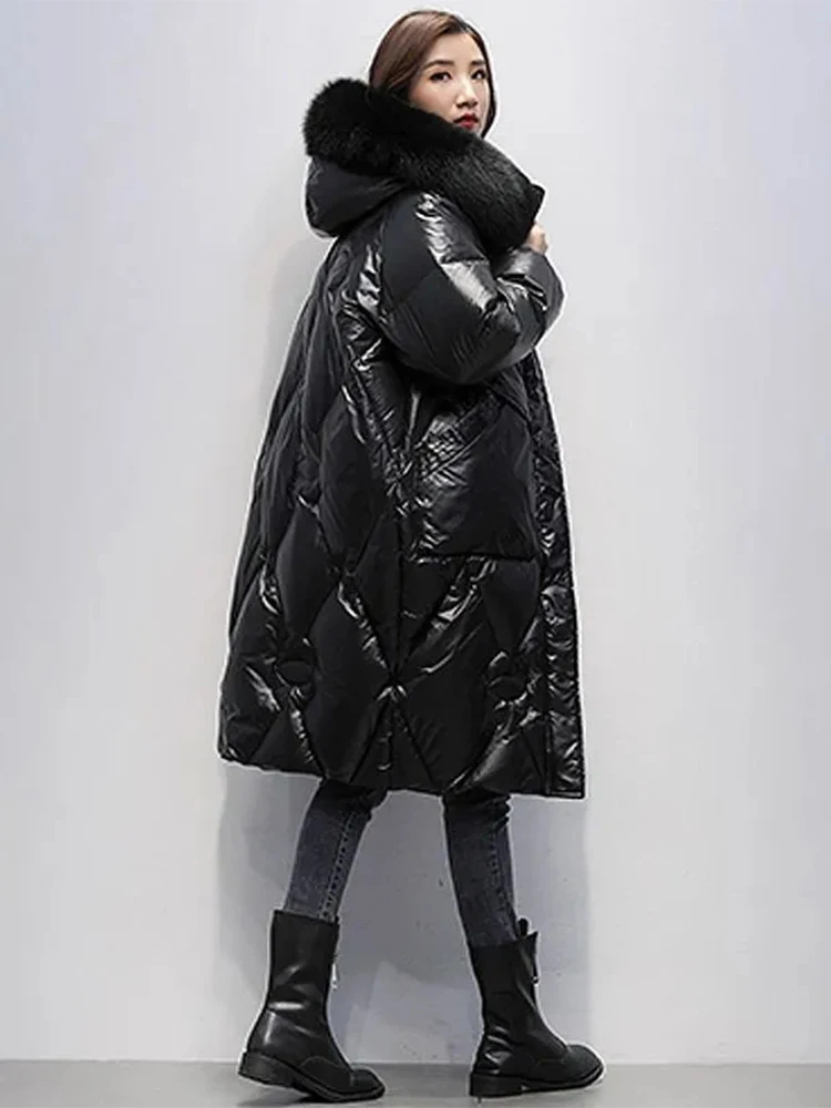 Women Winter Long Big Fur Collar Down Jackets for Women Large Size 2XL Down Jackets 2025 Women new Loose Long Knee Padded Down Parke
