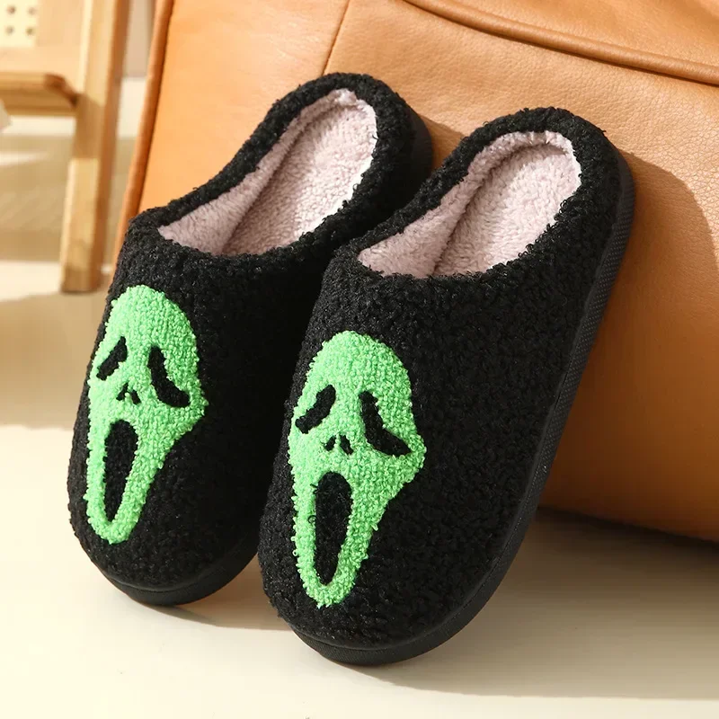 Warm Plush Slippers Women's Winter New Halloween Black Ghostface Home Cotten Slippers Men Flip Flops Indoor Floor Slippers Gifts