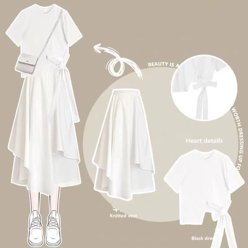 2023 Korean Style Bow Tassel Short Sleeve T-shirt Tops Ruffle 2025 Ruffle Skirt Two-piece Elegant new Women's Skirt Suit Casual Outfits