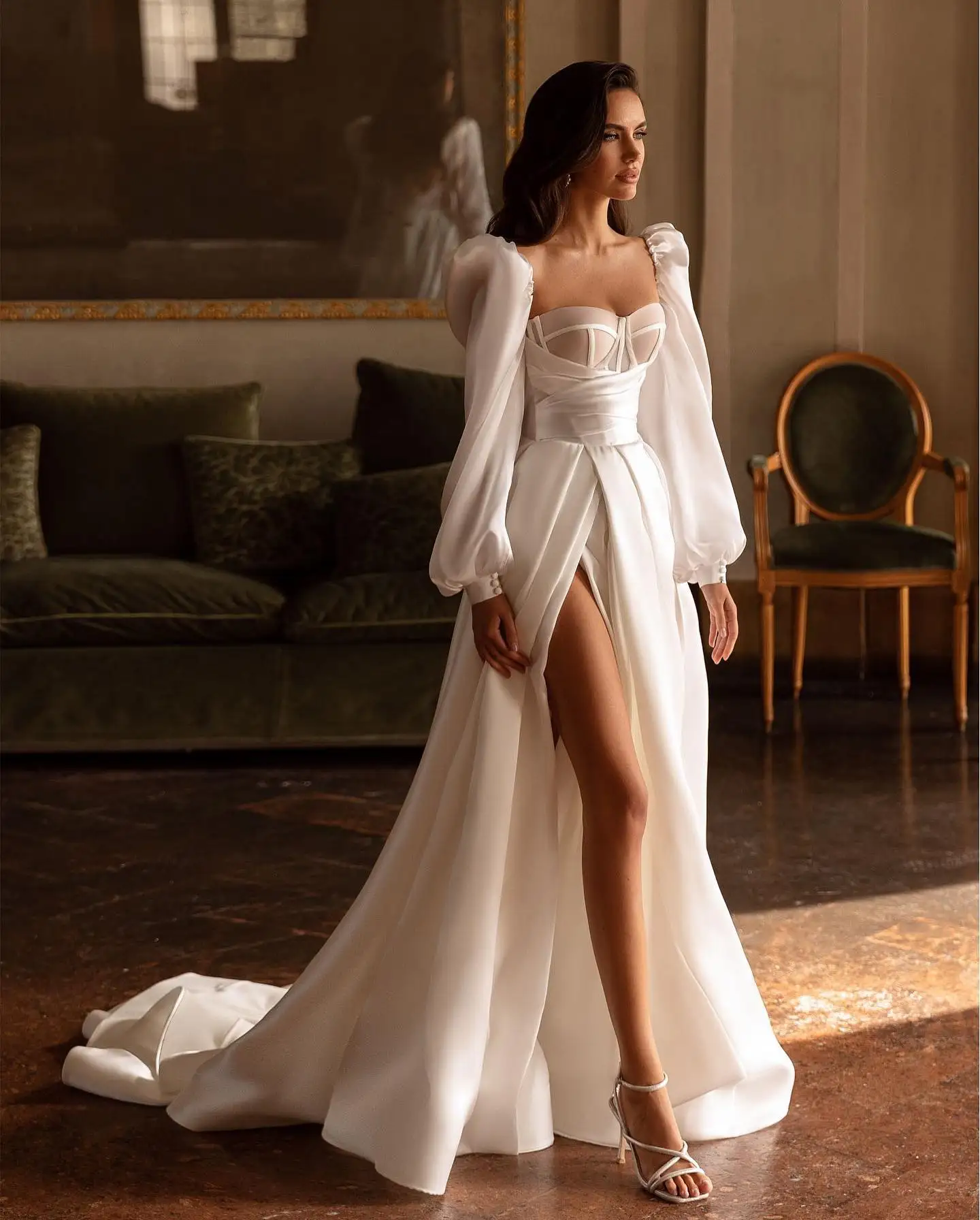 2024 New Arrival Long Puff Sleevs Sweethart A e Wedding Dresses Side Slit Sweep Train Custom Made Vestido De Noival