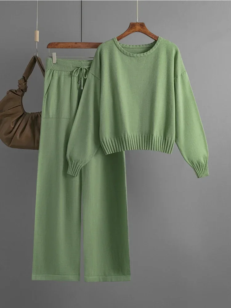 Winter Autumn Women's Knitted Tracksuit Casual Korean Plus Size Sweatersuit Wide Leg Pants Set Ribbed 2 Piece Sets Women Outfits