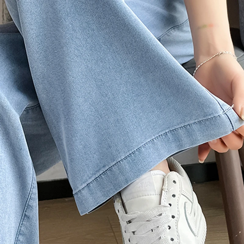 Wide Leg Ice Silk Jeans Women Summer Soft High Waist Pants Femme Thin Loose Casual Trousers Cool Denim Pants Mujer Light Blue