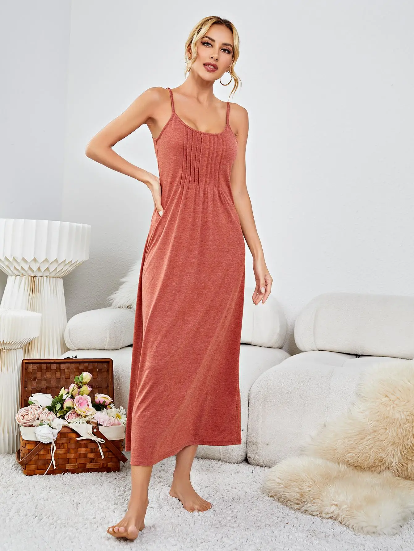 Solid BrickRed Womens Long Nightgowns Spaghetti Strap Scroop Neck Sleep Shirts Loose Lounge Sleepwear Dresses Home Wear Suit