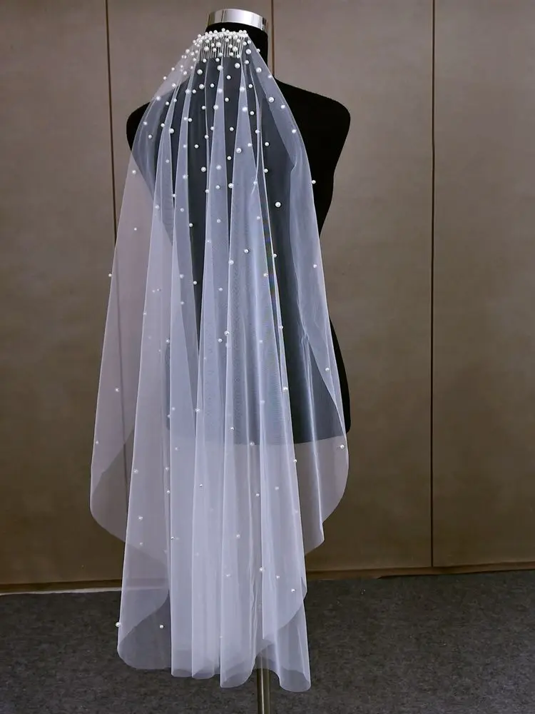 TOPQUEEN Elegant Pearls Bridal Veil Soft 1 new Tier Beaded Wedding Veil for Bride Simple Cathedral Length Veils 2025 with Comb v180