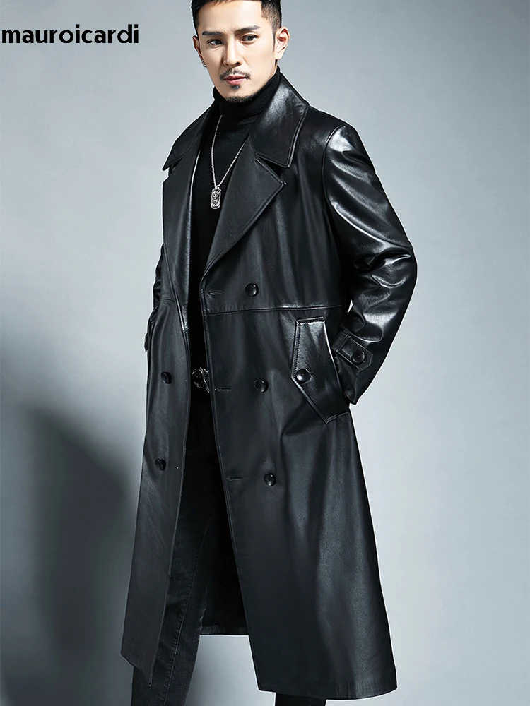Mauroicardi Spring Autumn Long Cool Waterproof Black Pu Leather Trench Coat Men Double new Breasted Plus Size Outerwear 2025 4xl 5xl 2022