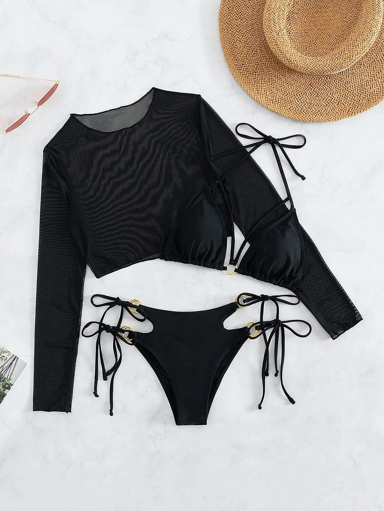 3 Pack Halter Triangle Bikini 2024 Swimsuit Solid 2025 new Mesh Top Ring Link Swimwear Female Sexy Bathing Suit Swimming Summer Beachwear