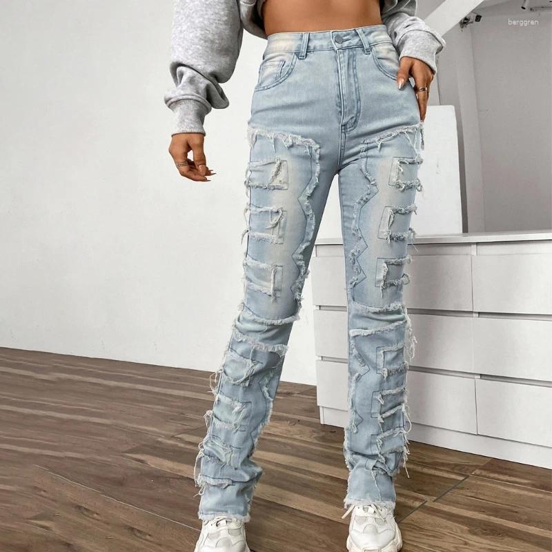 Womens Jeans Women Stacked Ripped Fit Jean Destroyed Straight Stretch Denims Pants Z260313