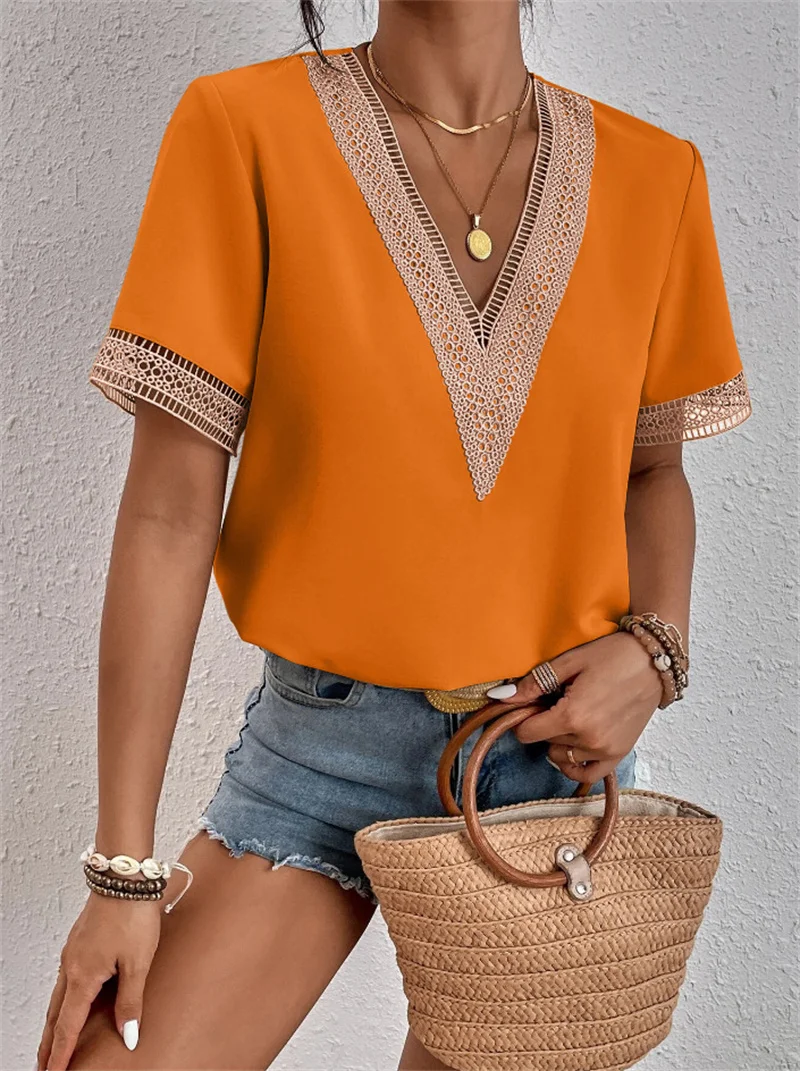 Women's V-neck Splicing Lace Blouse Elegant Commuter Loose Short 2025 Sleeve Shirt Female 2023 new Summer British Style Daily Casual Tops