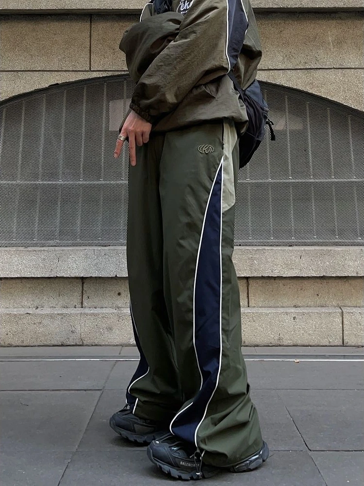 HOUZHOU Women Wide Leg Parachute Pants Vintage Hip Hop Striped 2025 Joggers new Oversized Patchwork Sports Trousers Female Casual Baggy