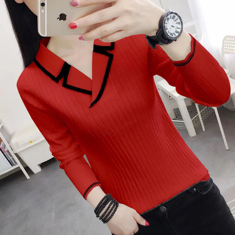 Women's Korean 2025 Elegant V-neck Slim Contrast Color Knitted Sweaters Autumn Winter Long Sleeve Pullovers new Basic Ladies Tops Jumpers
