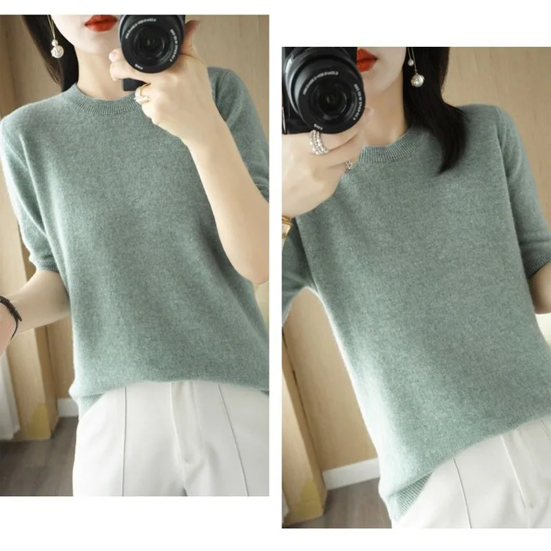 Spring new Summer Women Sweater 2023 Short Sleeve O-neck Slim Fit Knitted 2025 Pullovers Bottoming Casual Knitwear Green Pink Clothes
