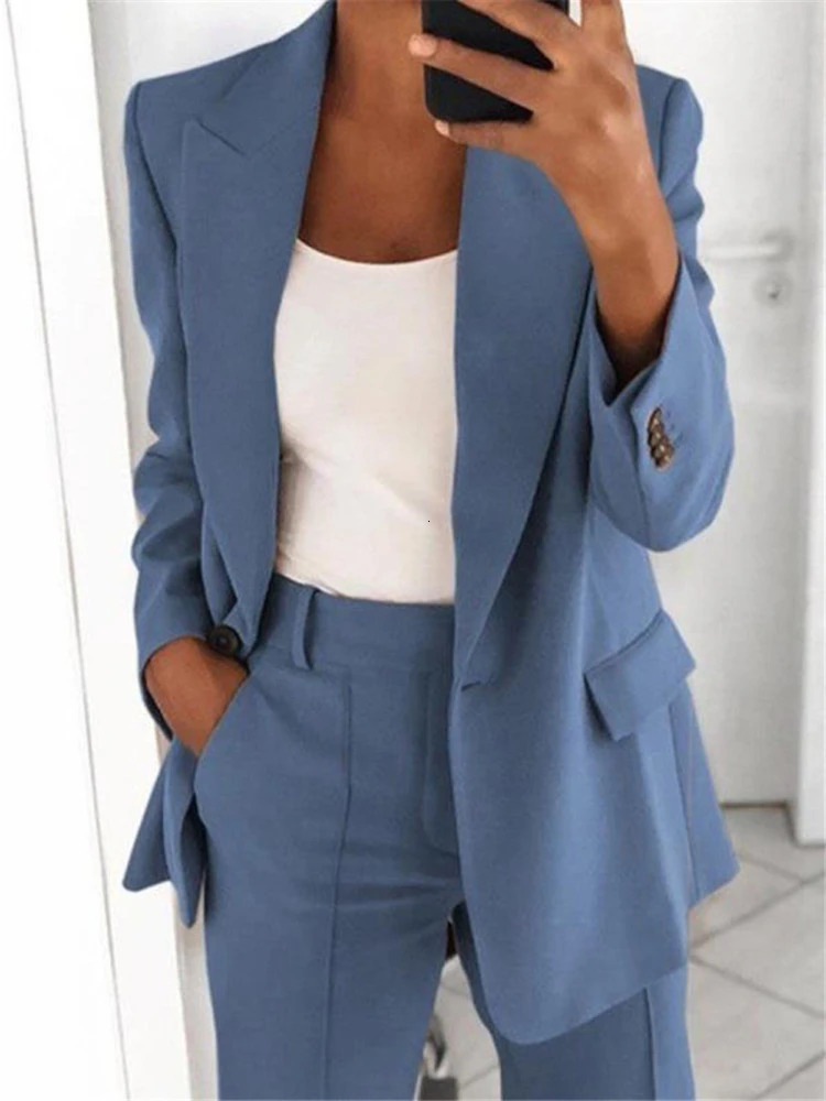 Suit Jacket Women Blazer Two Piece Set Clothse Solid Office Lady Clothing Long Sleeves Overcoat Autumn Winter Temperament Outfit 240329
