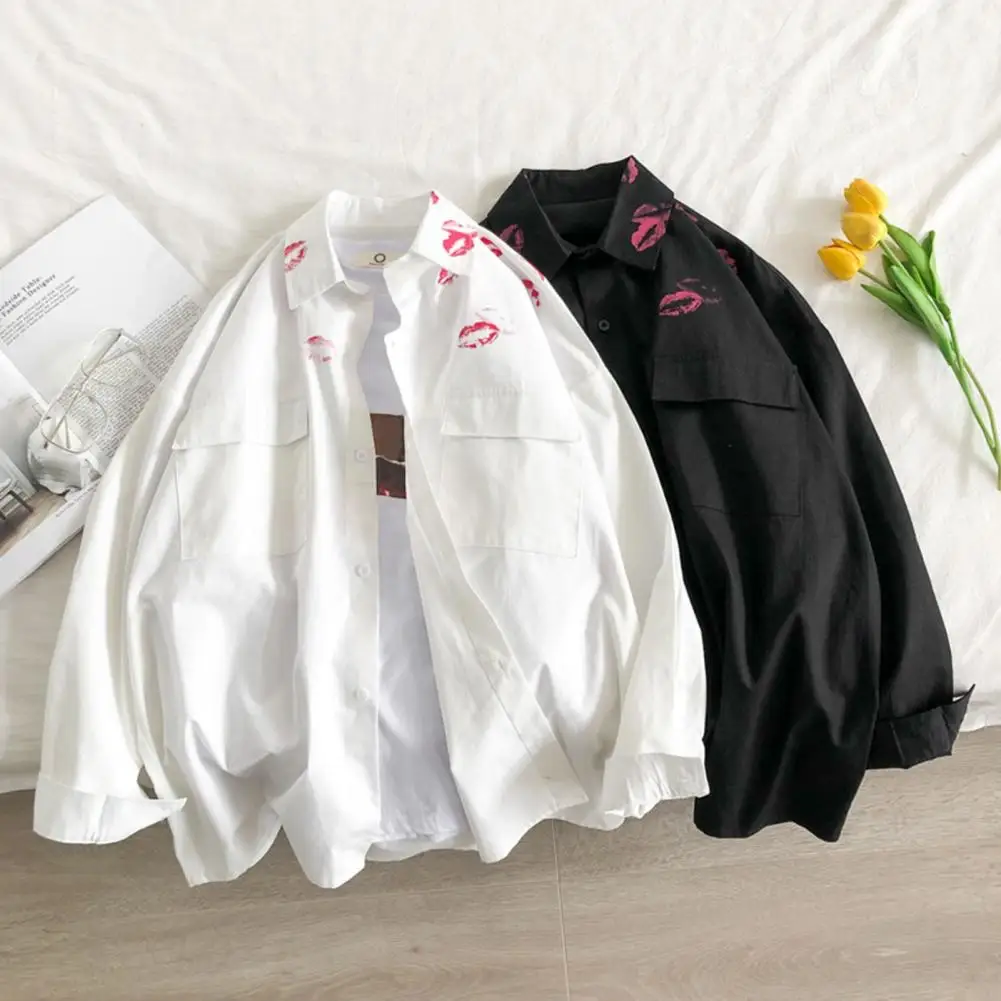 Long Flap Lapel Sleeves Pockets Men Shirt Lapel Single Breasted Couple Shirt Spring Autumn Kiss Print Men Shirt Coat For Daily smile