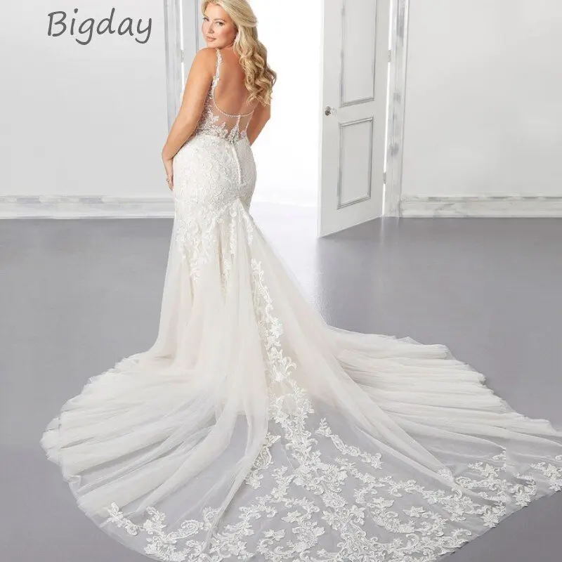 Elegant Mermaid Wedding Dresses Women 2024 Plus Size White Open Back V-Neck Tulle Spaghetti Straps Bridal Gown Vestidos De Novia