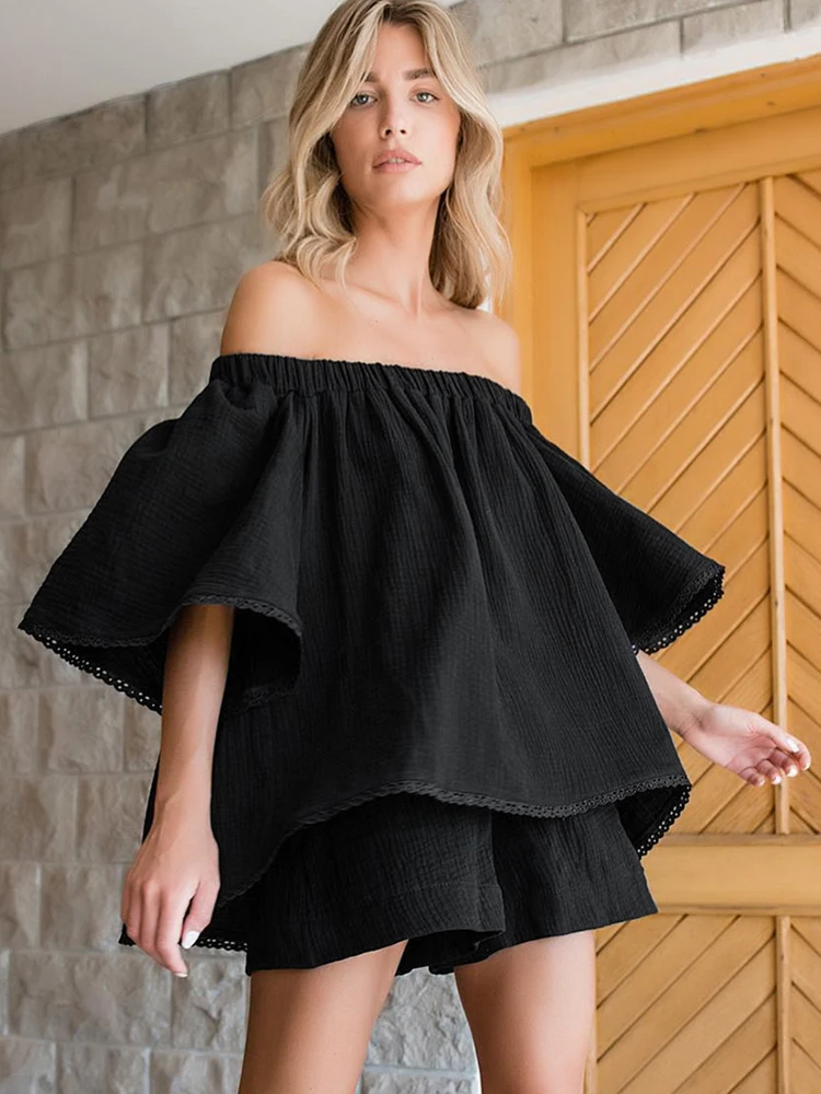 2025 Linad Off new Shoulder Women's Nightwear Sexy 2 Piece Sets Lace Sleepwear Female Casual Suits With Shorts Loose Pamas Spring 2023
