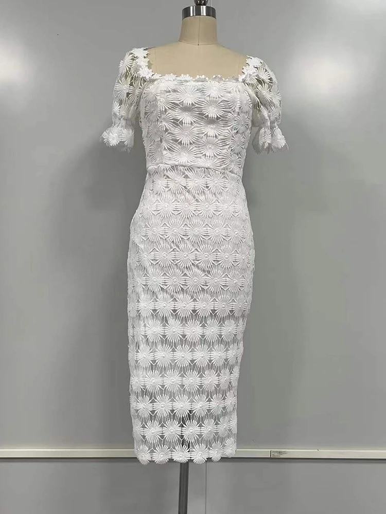 White Floral Embroidery Dresses Women Summer Puff Sleeve Lace Long Dresses Ladies Elegant Fashion Hollow Out Slim Party Dresses 240325