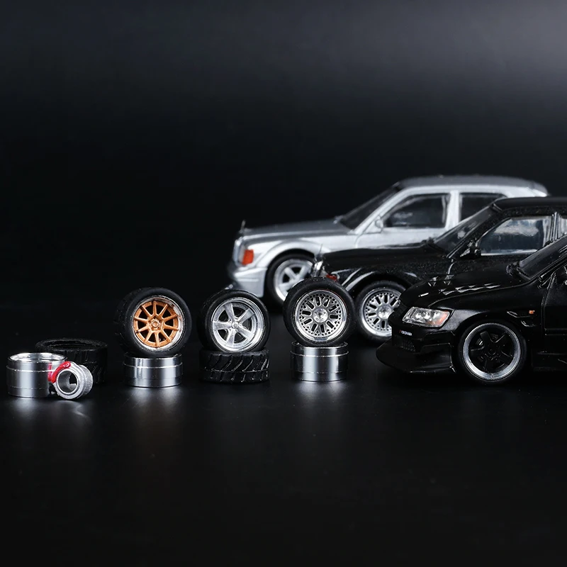 CM Model 1/64 Alloy Metal Wheels Rubber Tires Design Rims Replace Modified Parts JDM Style for Model Car Vehicle 4pcs Set Part 1
