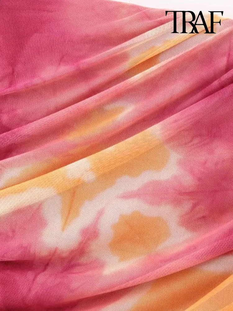 TRAF Women Fashion Strapless Printed Tulle Ruched Midi Dress Vintage Straight Neck Side Zipper Female Dresses Vestidos Mujer 240319