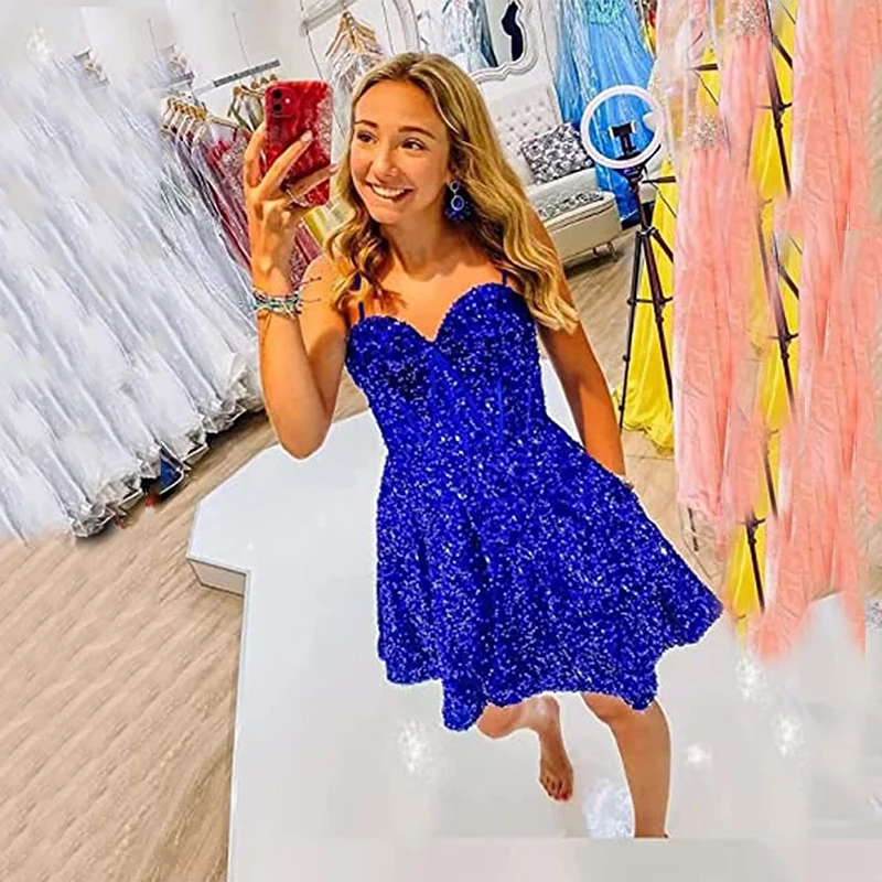 Doymeny Short Spaghett Sequins Homecoming Dresses Sparkly Midi Cocktail Party Pleat Gowns Prom Teen Formal Evening Vestido De