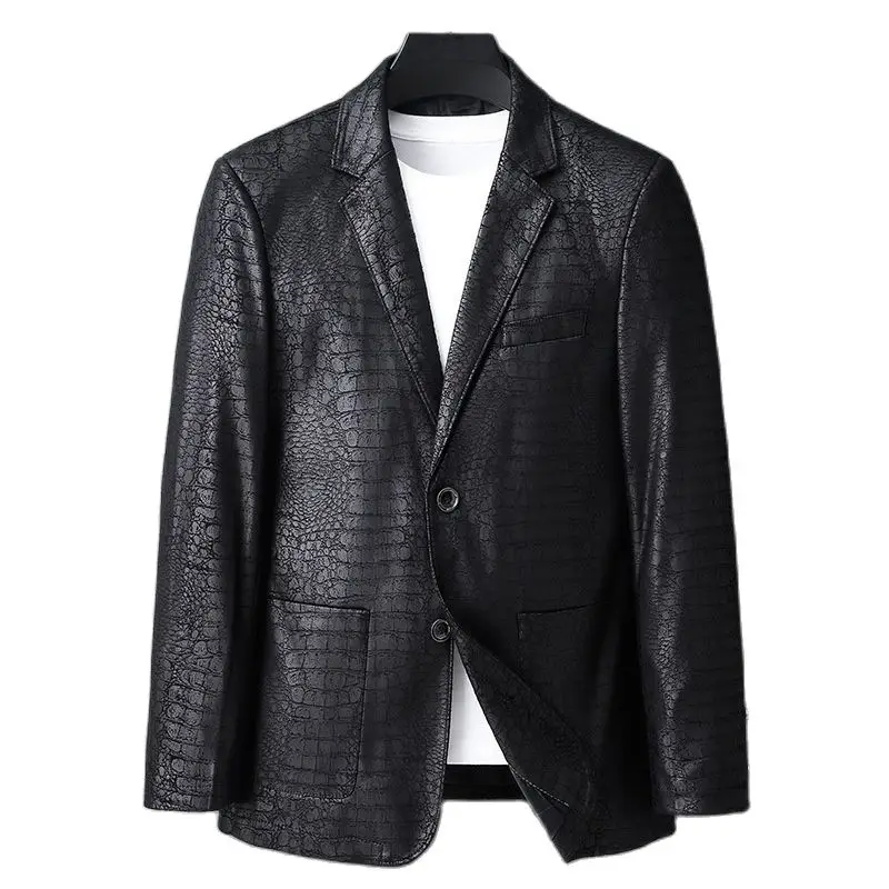 2023 Men's New Spring Autumn 2025 Vintage Soft Faux Leather Jackets Male Classic Slim Fit Crocodile Pattern Suit new Black Blazers Coats