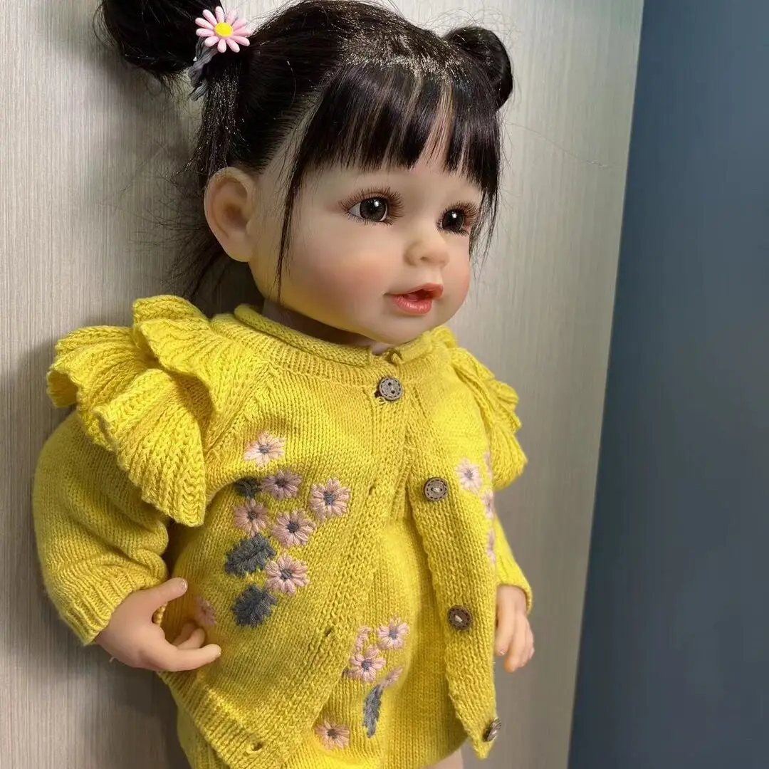 55CM full new body soft silicone vinyl Reborn Toddler Girl Doll Black hair lifelike Really Baby Doll Christmas Gift 2025 for Girl