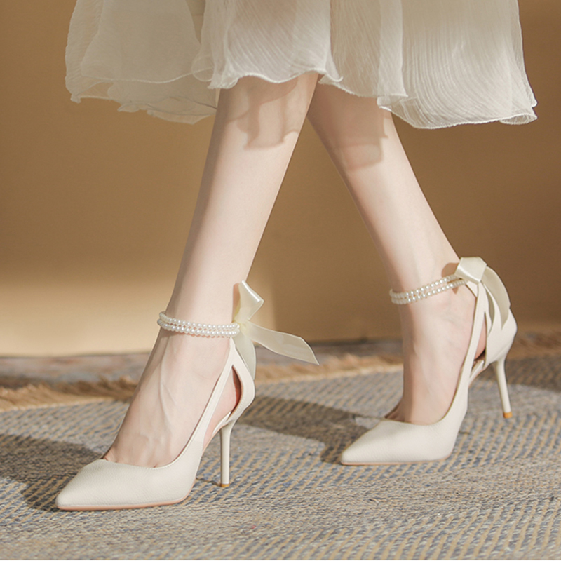 Elegant New New Ladies White Pearls Ankle Strap Pumps for Wedding Women Silk Back Bowtie High Stiletto Heeled Women's Shoes c9f8 's