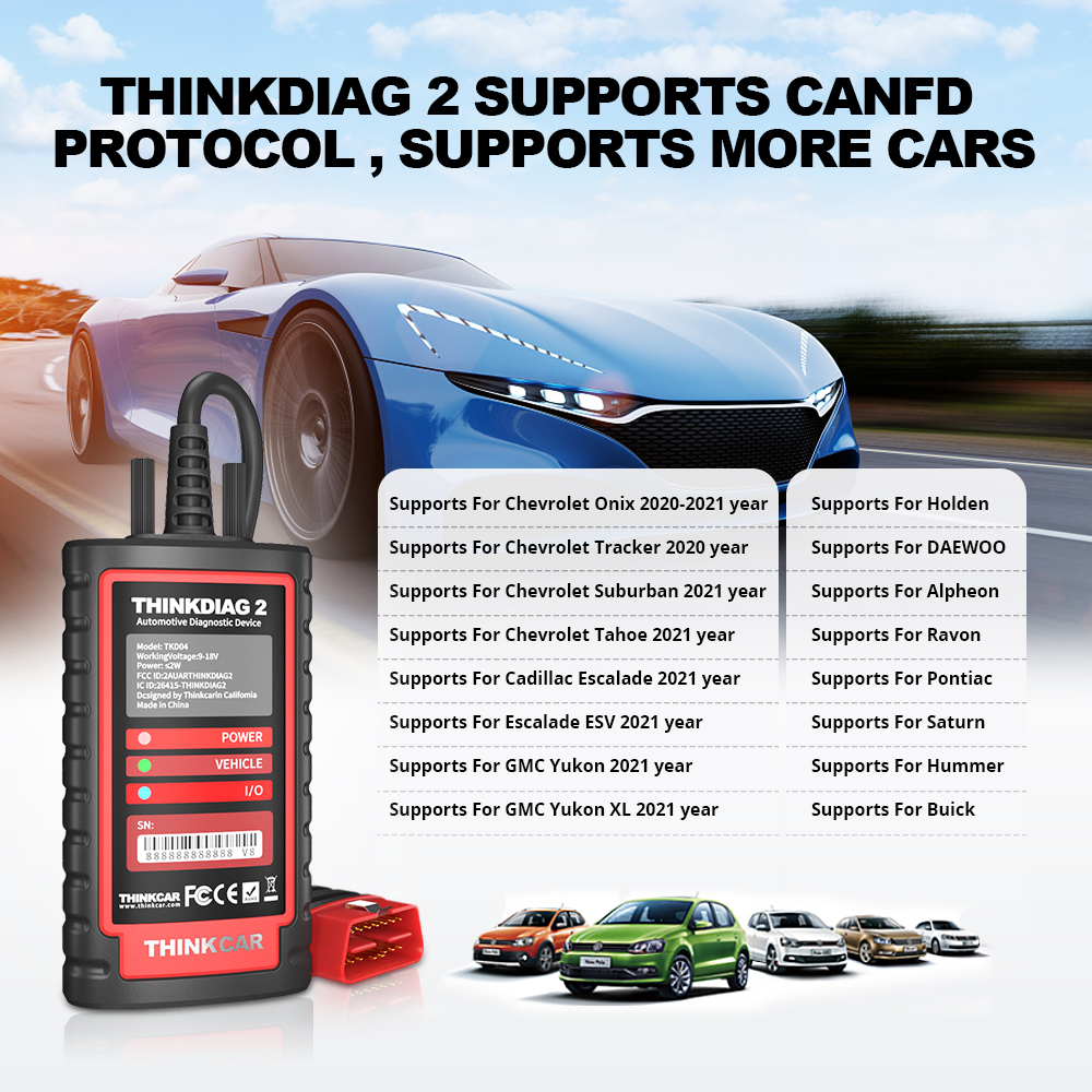 THINKCAR Thinkdiag 2 All Car Full System OBD2 Scanner Auto Diagnostic Tools CANFD Protocal 1 Year Free Active Test ECU Coding