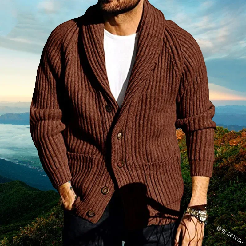Men Knitting Coat Spring Autumn Solid Color 2025 Slim-Fit Cardigan new Sweater Men England Style Long Sleeve V-neck Lapel Sweater Coat