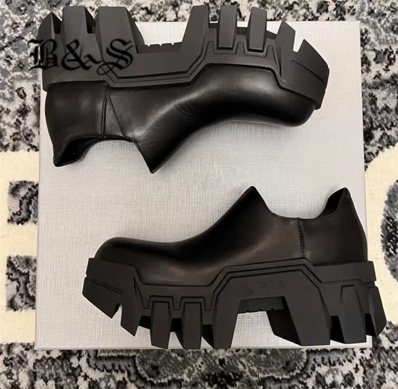 Black& Street Handmade Punk Bulldozer 8cm Thick Soled Ankle Gear Tank Boots