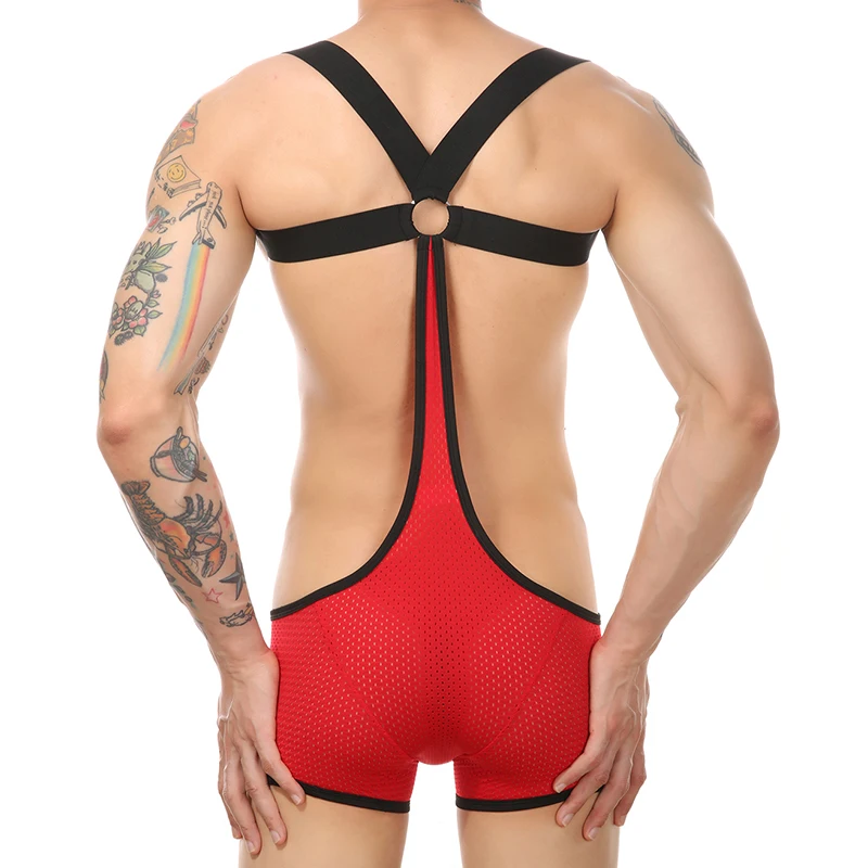 CLEVER-MENMODE Men's Sexy Openwork Mesh Boxer Shorts Jumpsuit Elastic Strap Body Tights Lingerie Sissy Bondage Costume Adult 18+