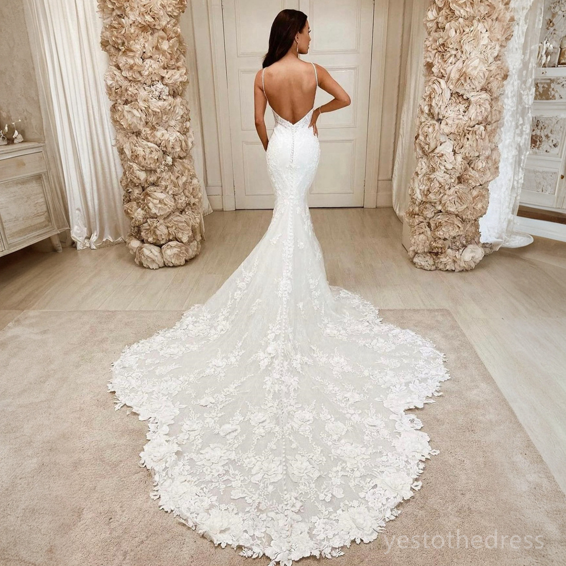 R&W 2024 Mermaid Dresses Bridal Gowns Fulllace V Neck Beaded Lace 3D 3D-ral Appliques Pearls Decorated Wedding Gown for African Black Women Bride Girl