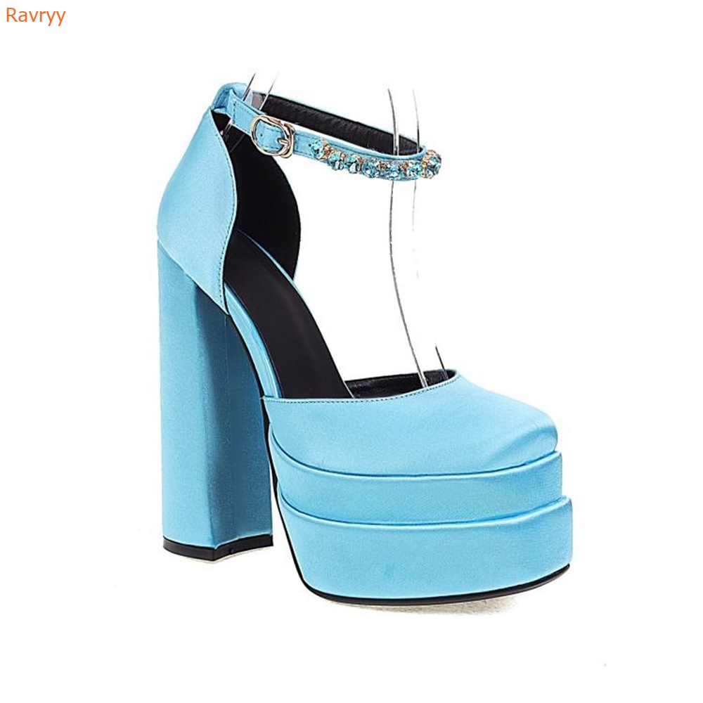 Double Layer Platform Square Head Shoes Crystal Ankle Buckle Super High Heels Square Heel Satin Shoes