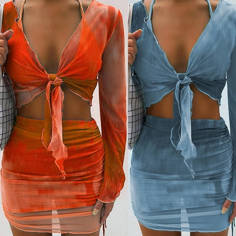 Women new 2025 2Pcs Tie-Dye Mesh Cover Up Long Sleeve Crop Top and Ruched Mini Skirt Set H7EF