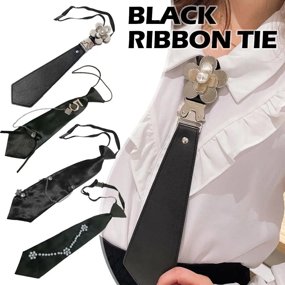 Goth Tie Women Black Metal Faux Leather Chain Crystal new Flower Tie Neck Tie Collar for 2025 Women Men Punk School Uniform Pre-Tied Tie