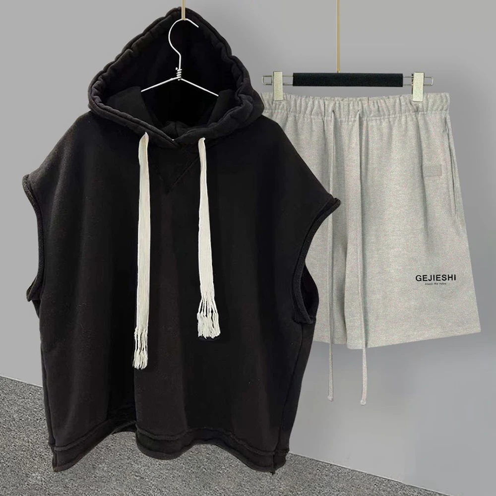 Casual Sports Shorts Suit 2025 Men's Summer Solid Color Hooded Vest Letter Printing Straight Five-point new Pants Loose and Versatile