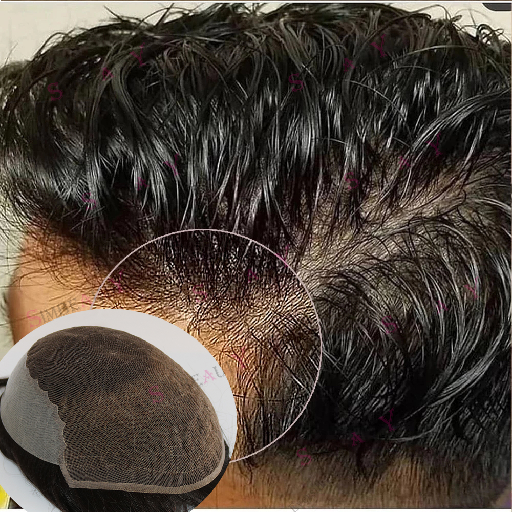 Swiss Lace & Skin Pu Mens Wig Natural Hairline Lace Front Male Toupee 100% Indian Remy Human Hair Q6 System Black Unit For Men
