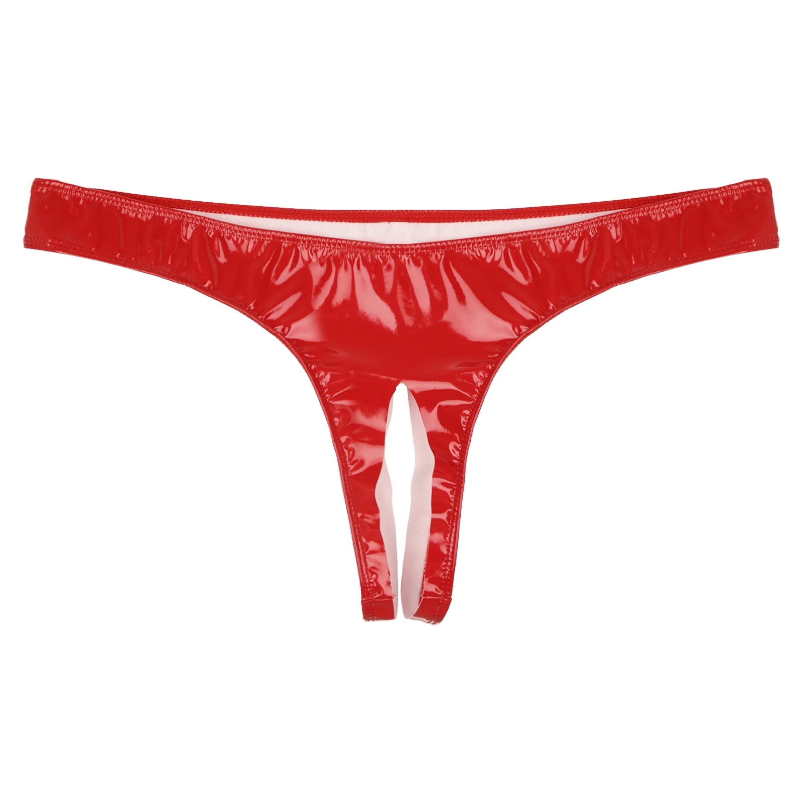 Mens Wet Look Briefs Patent Leather Open Crotch Thong Low Rise High Cut Mini Briefs Underwear Clubwear Stage Performance Costume