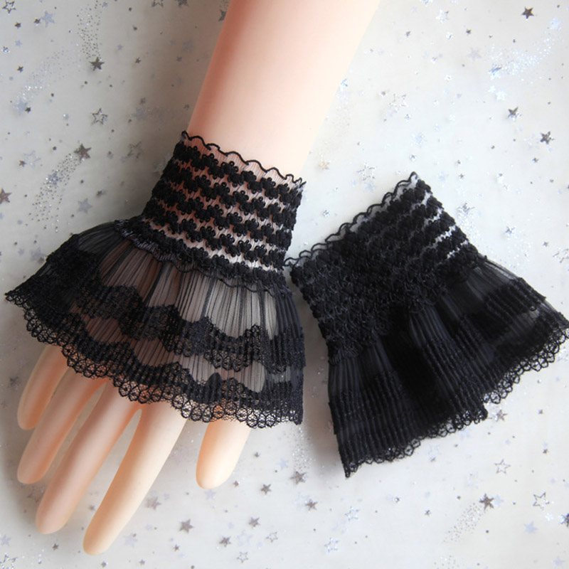 1Pair Girls Sweet Detachable Fake Flare Sleeve Lace Pleated Ruffles Decorated Cuffs Lolita Sleeves Elastic Universal Fake Cuff