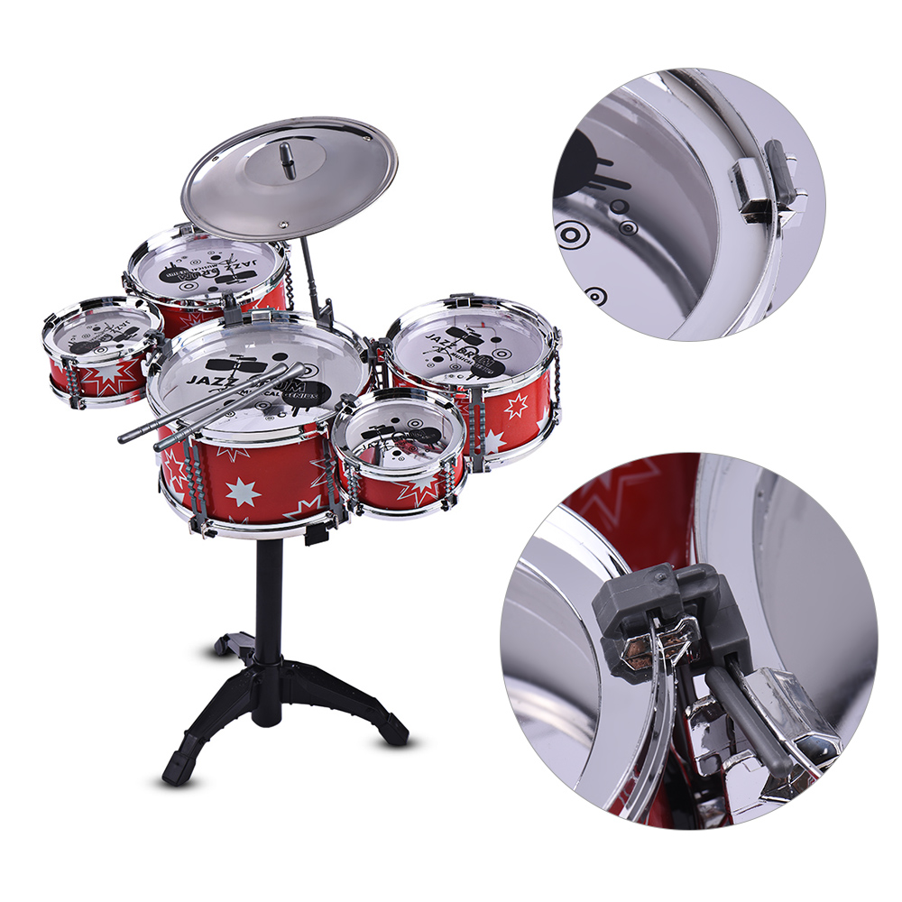 Children Kids Jazz Drum Set Kit Musical Educational Instrument Toy 5 Drums + 1 Cymbal with Small Stool Drum Sticks for Beginners