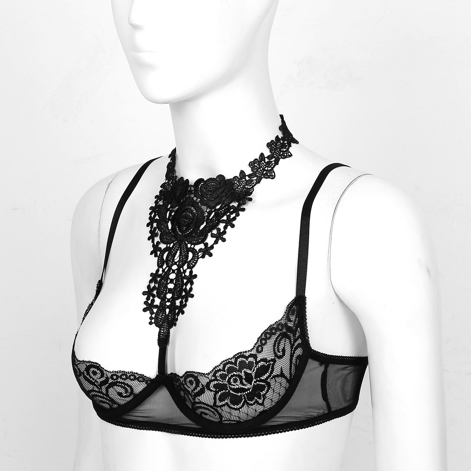 Women See-through Floral Lace Sheer Underwired Push Up Bra Tops Halter Bare Breast Underwear for Lingerie Night Honeymoon
