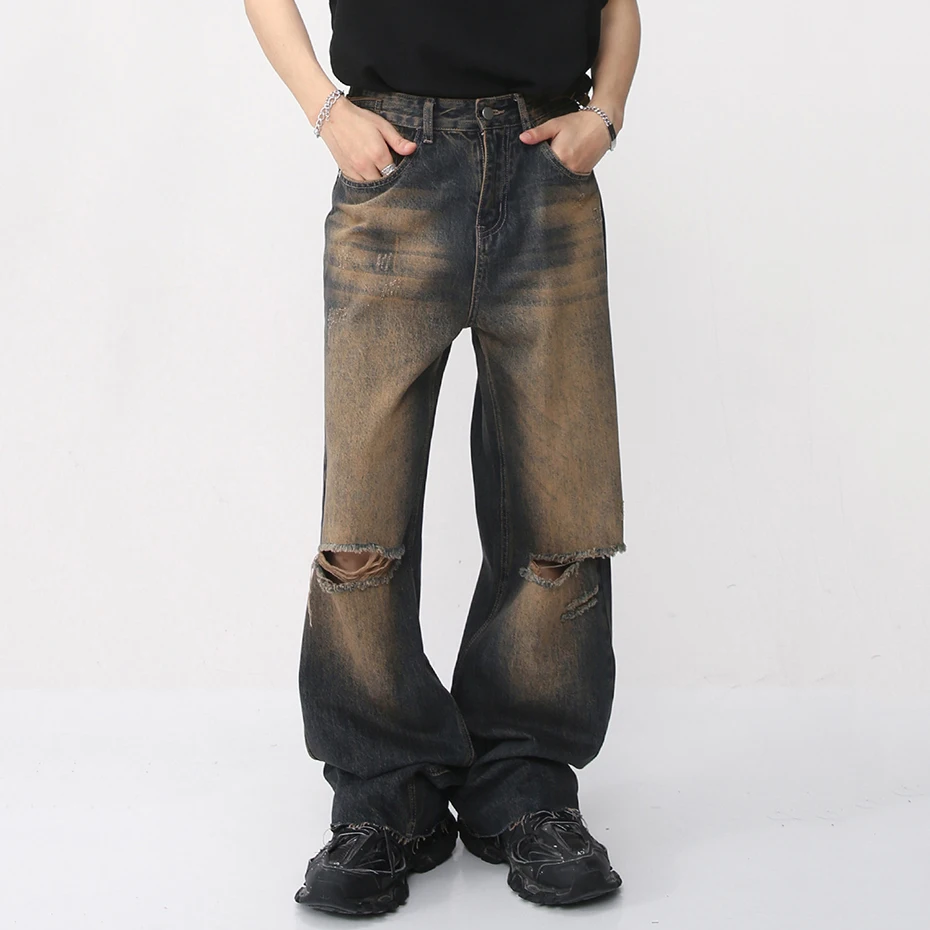 Ripped Vintage Jeans for Men Hip Hop Streetwear Baggy Denim Pants Harajuku Loose Blue Jeans