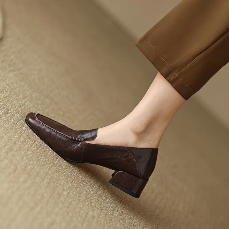 Spring/Autumn NEW Loafers Square Toe Chunky Heel Elegant Genuine Leather Shoes for Retro Sheepskin Women Pumps 932d