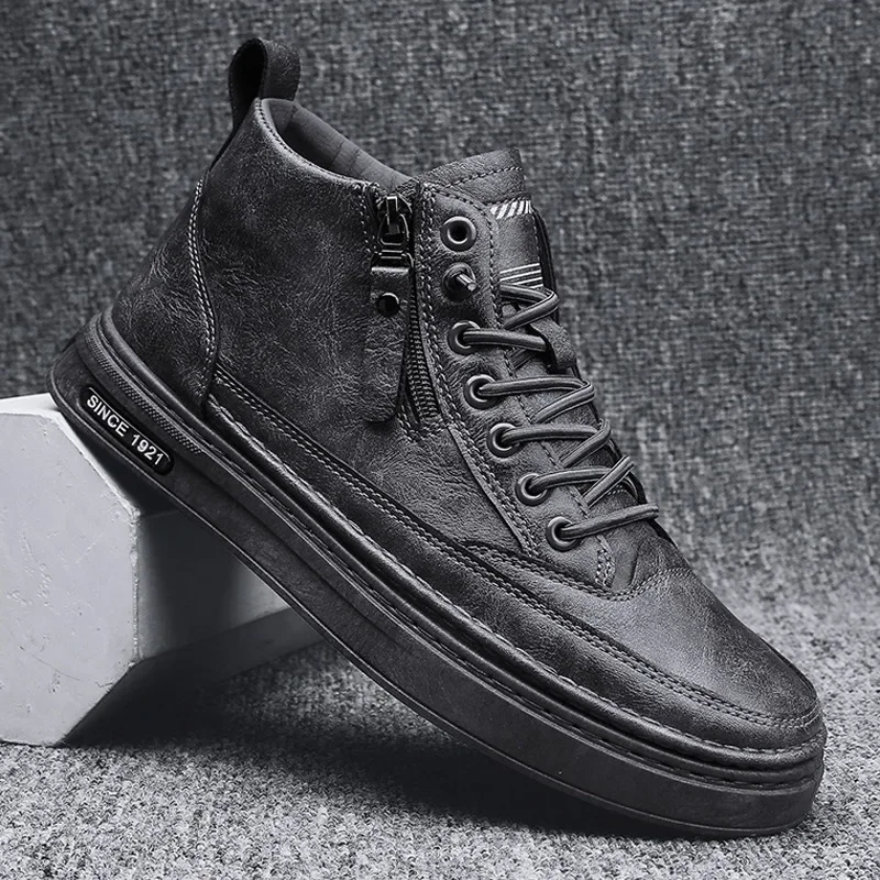 Leather Spring High Casual for Men Trend Zipper Walk Flats Winter Shoes Vulcanized Ankle Boots New atillas