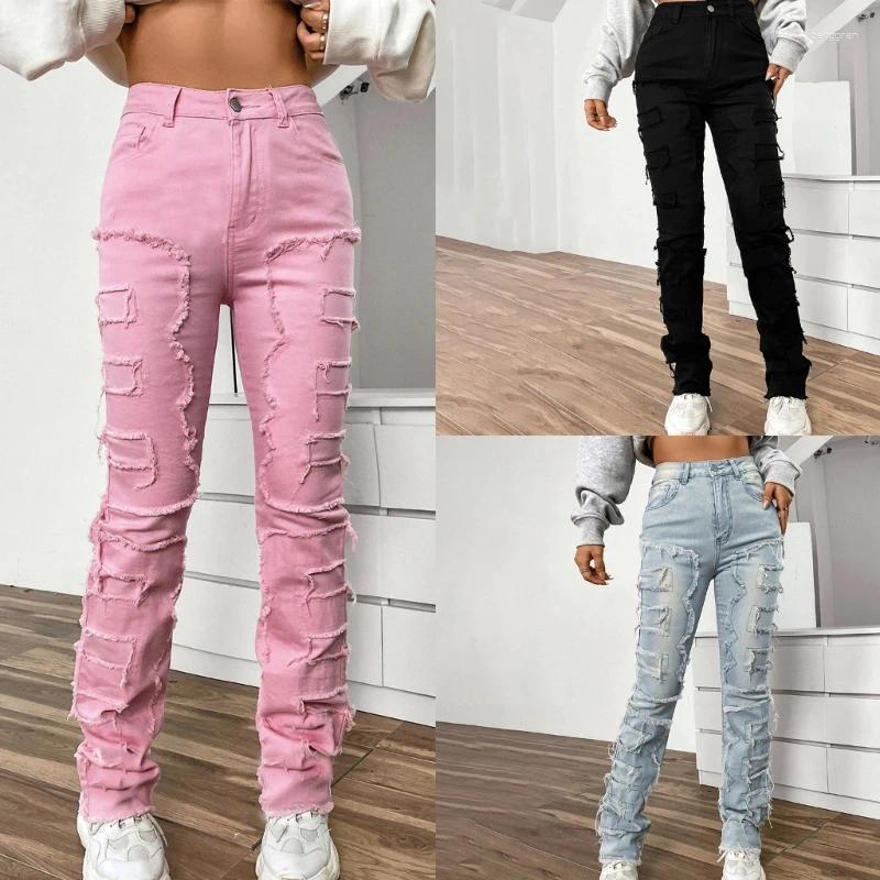 Womens Jeans Women Stacked Ripped Fit Jean Destroyed Straight Stretch Denims Pants Z260313