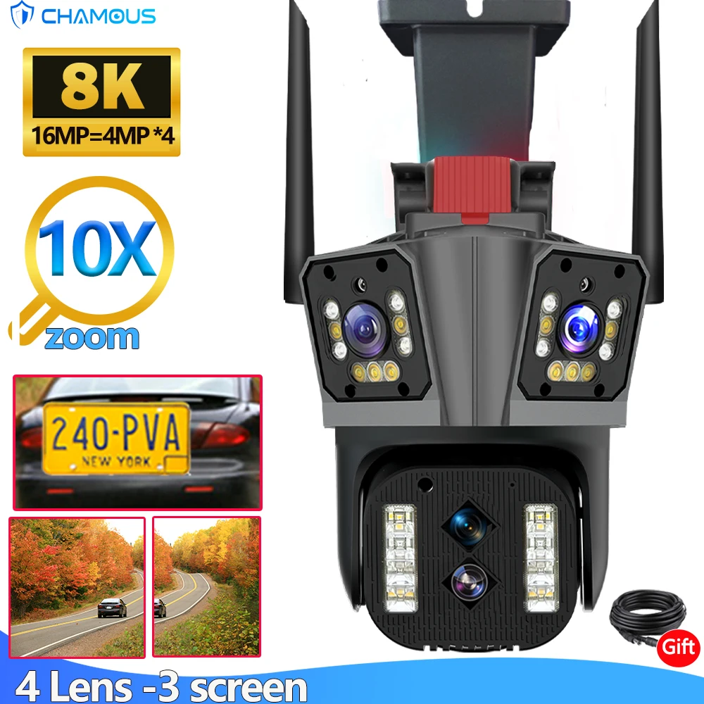 16MP 8K WiFi Camera Outdoor 10X Zoom Surveillance Four Lens Threen Screen PTZ Security Camera Video CCTV Ai Tracking Wide Angle