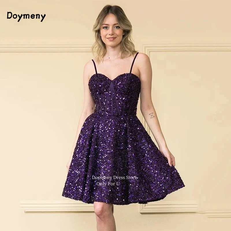 Doymeny Short Spaghett Sequins Homecoming Dresses Sparkly Midi Cocktail Party Pleat Gowns Prom Teen Formal Evening Vestido De