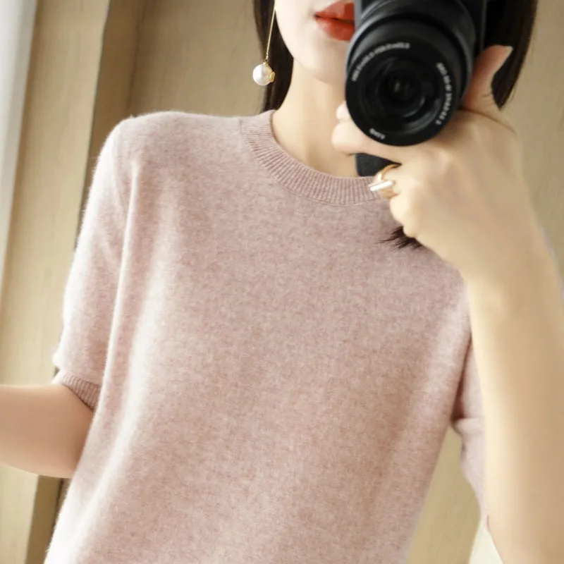 Spring new Summer Women Sweater 2023 Short Sleeve O-neck Slim Fit Knitted 2025 Pullovers Bottoming Casual Knitwear Green Pink Clothes