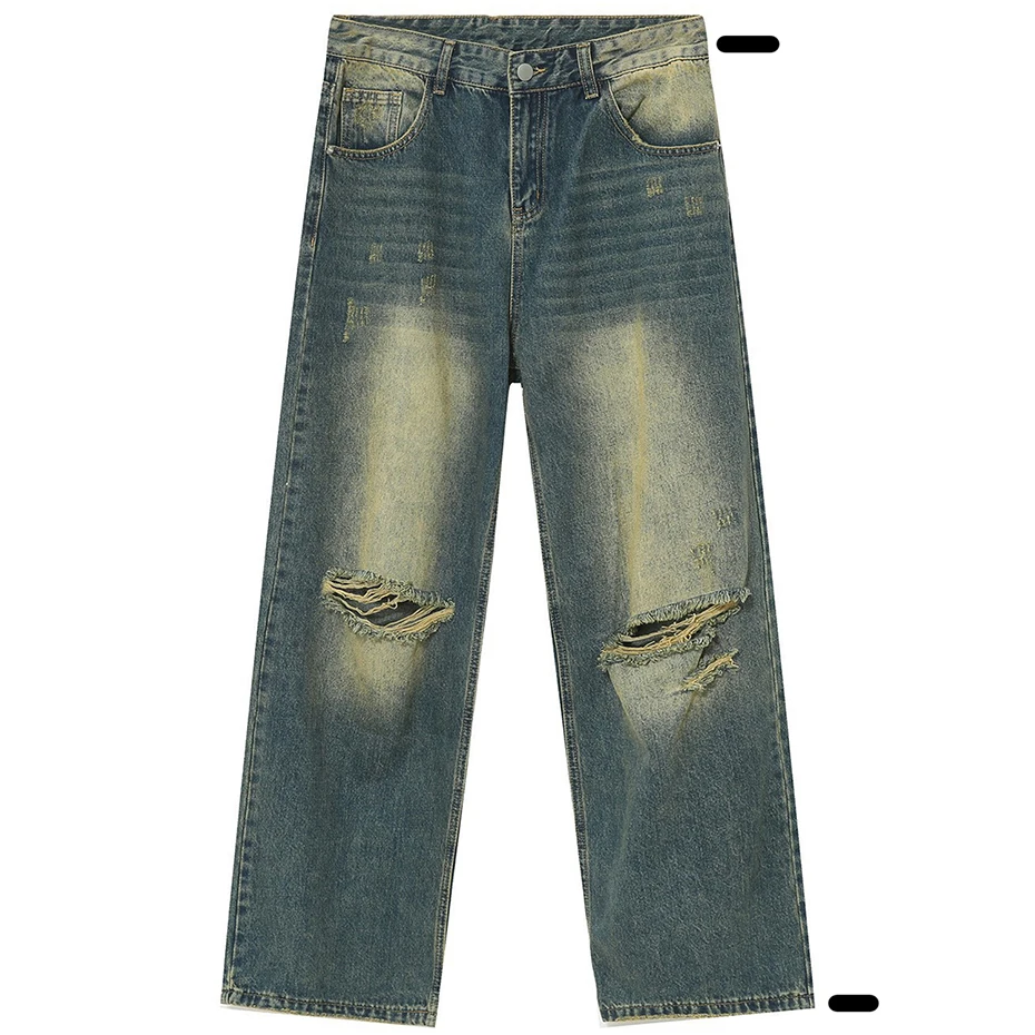 Ripped Vintage Jeans for Men Hip Hop Streetwear Baggy Denim Pants Harajuku Loose Blue Jeans