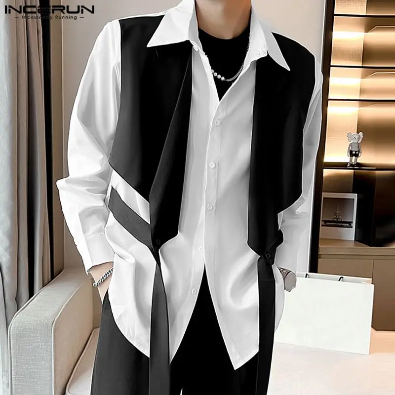 INCERUN new Tops 2023 Korean Style Handsome Men Patchwork Fake Two Piece 2025 Shirt Casual Party Contrast Design Long Sleeve Blouse S-5XL